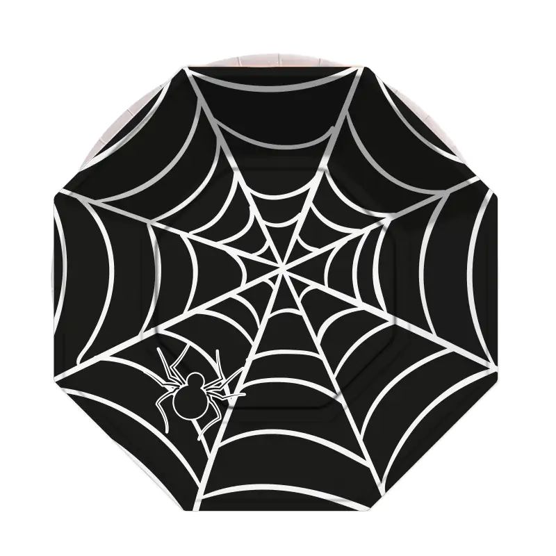 Halloween Örümcek Siyah Sekizgen Tabak 8'li